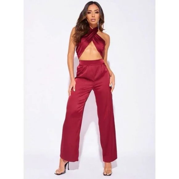 Burgundy Satin Halter Neck Crop Top and High Waist Wide Leg Pants Two Piece Set - Picture 8 of 11